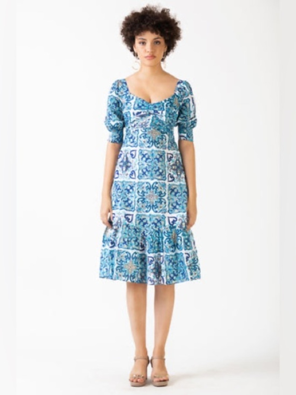 NEW ASH & EDEN ARSIA MIDI DRESS Sz: S
Blue Tile - Metallic Accents
